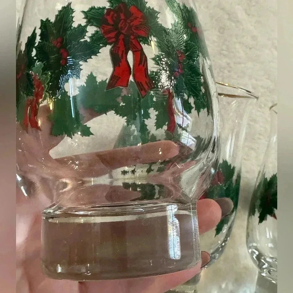 6 Vintage Libbey Christmas Holly Berry Wreath Garland Red Bow Glasses Gold Trim - Picture 5 of 15